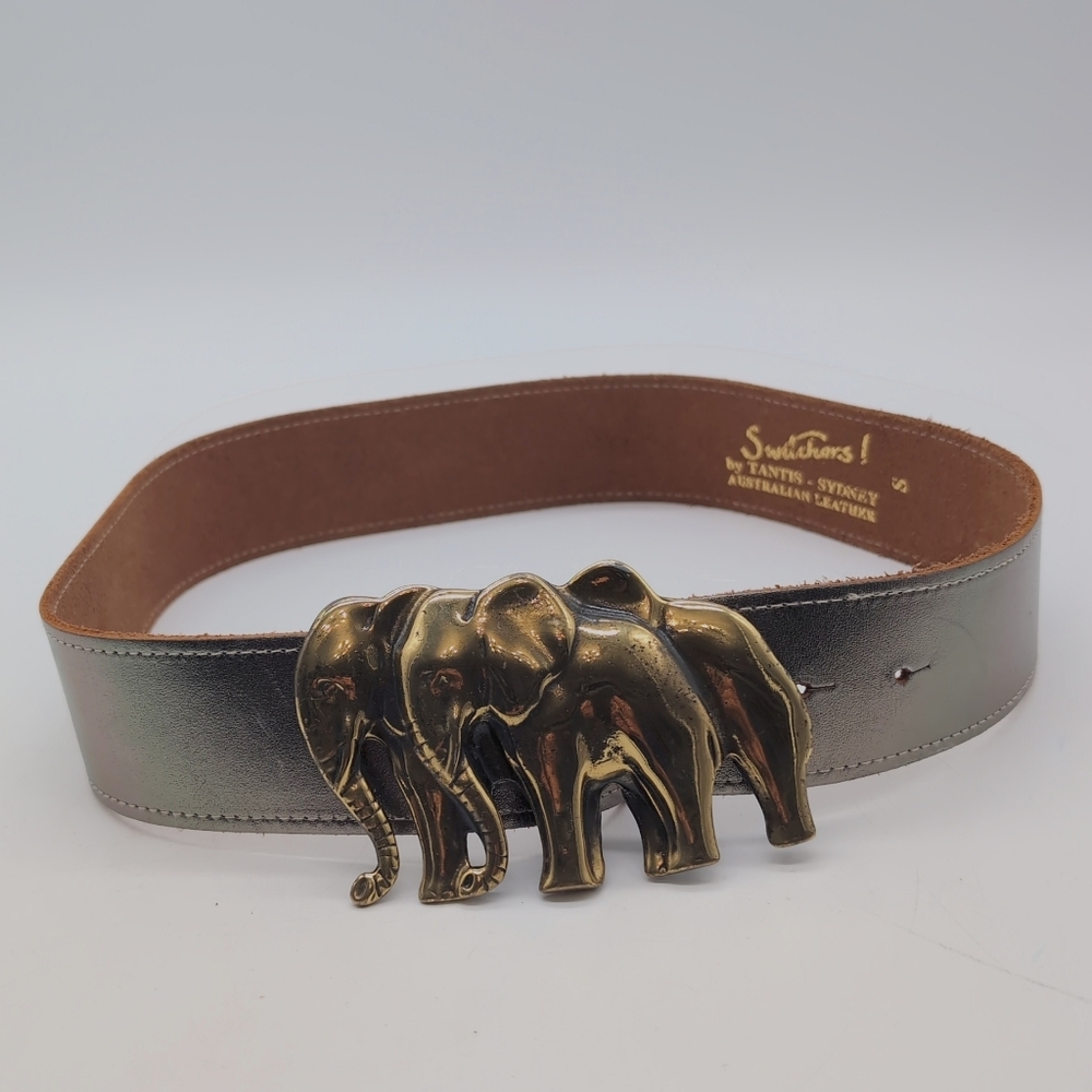 Brass Elephants Buckle Sz S Switchers By Tantis Leather Belt - Metallic Silver